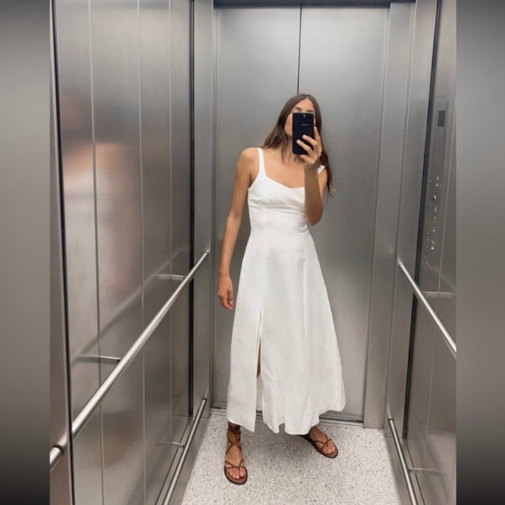 ZARA 100% Linen White Midi Dress (XS)